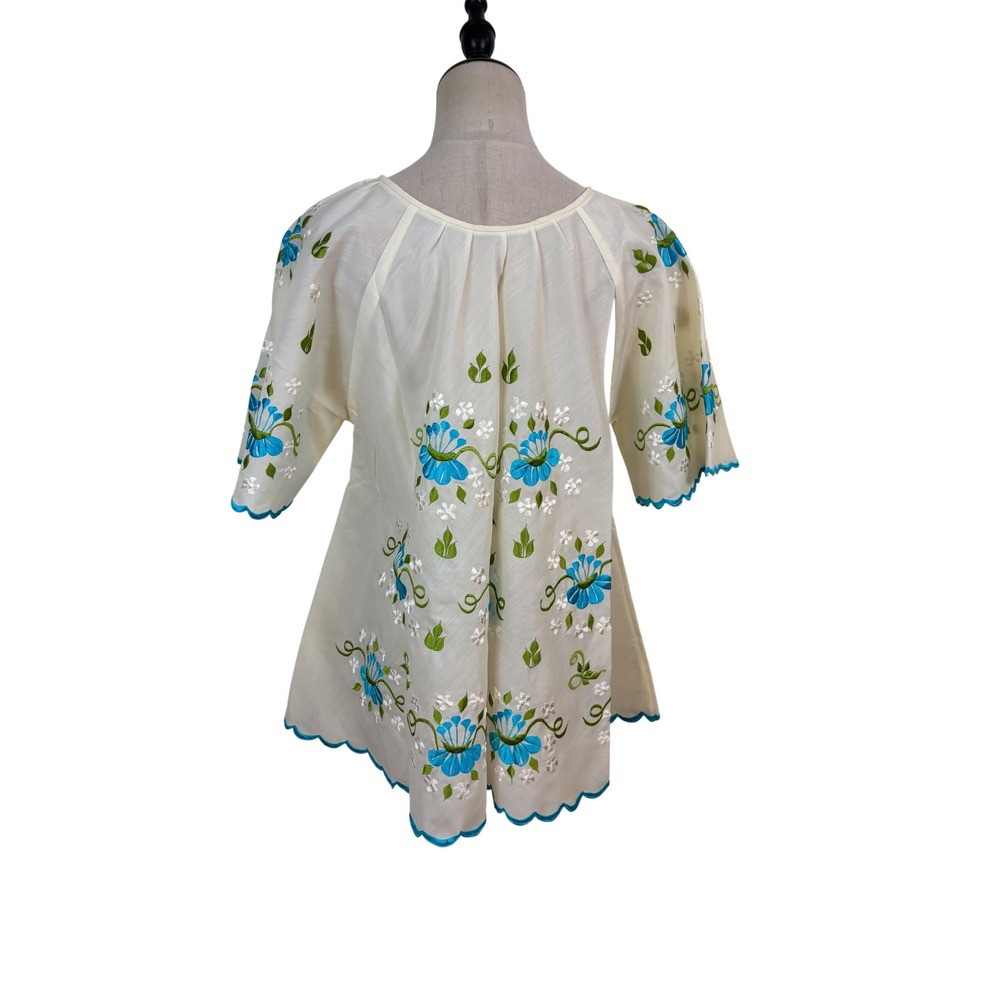 Vtg Embroidered Floral Blouse Women Ivory Peasant Scalloped Boho Folk Cottage - Picture 5 of 5